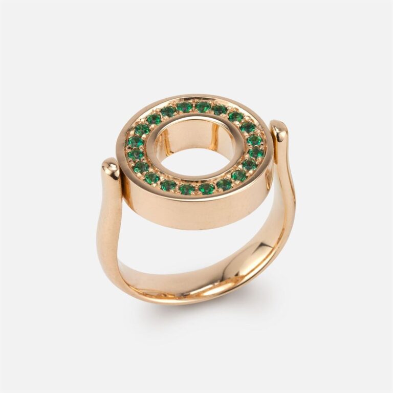 Anel reversível em ouro amarelo com diamantes e topázios verdes coleção inverso da Leitão & Irmão