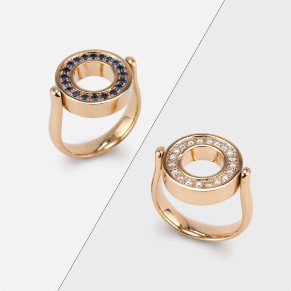Anel reversível em ouro amarelo com diamantes e safiras azuis coleção inverso da Leitão & Irmão