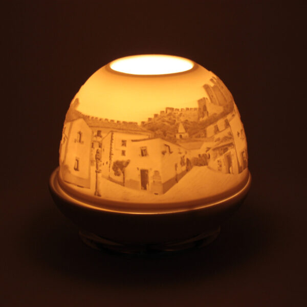 Porta velas em porcelana biscuit e prata motivo Óbidos da Leitão & Irmão