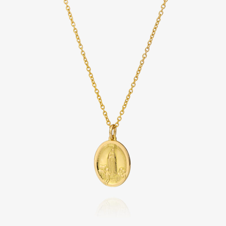 Medalha e fio Nossa Senhora de Fátima Três pastorinhos em ouro da Leitão & Irmão