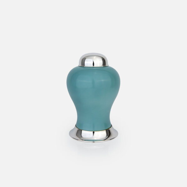 Pote em prata com porcelana portuguesa colorida verde malibu da Leitão & Irmão
