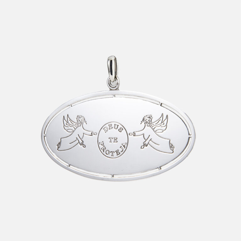 Medalha de berço par de anjos em prata da Leitão & Irmão