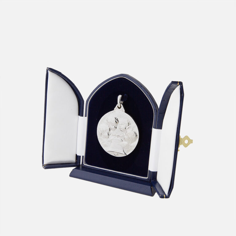 Medalha de berço anjo da guarda com sino em prata da Leitão & Irmão