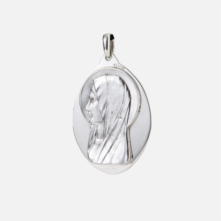 Medalha de berço Nossa Senhora de Fátima Virgem Maria em prata da Leitão & Irmão