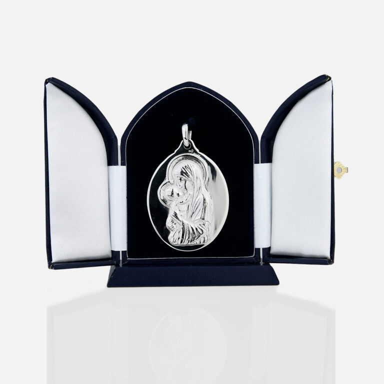 Medalha de berço Nossa Senhora com o menino em prata da Leitão & Irmão