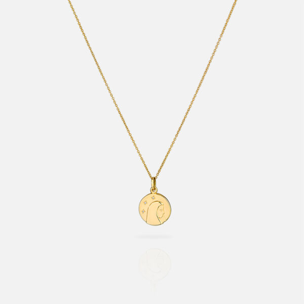 Medalha da luz com fio Nossa Senhora de Fátima em ouro e diamantes da Leitão & Irmão