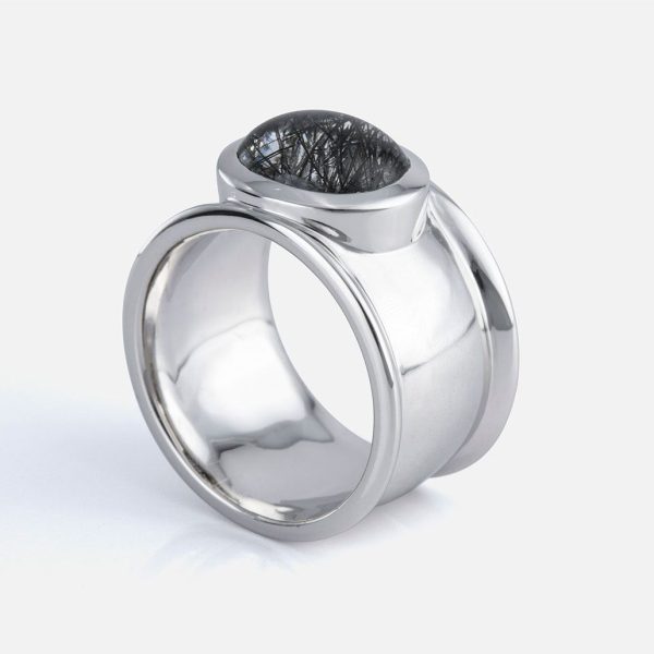 Anel em Ouro Branco com Quartzo Turmaline Cabochon | Candies