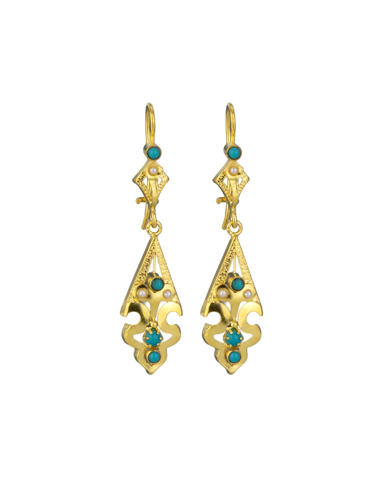 Brincos Cortina Turquesa Prata Dourada
