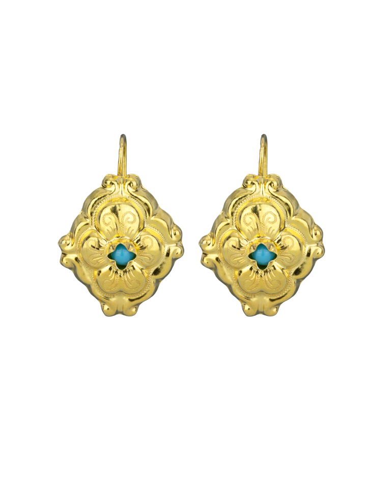 Brincos Gravados Flor Turquesa Prata Dourada