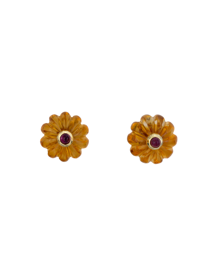 Brincos Poppy Honey em ouro 18K com citrinos e rubis, da coleção Flora da Leitão & Irmão