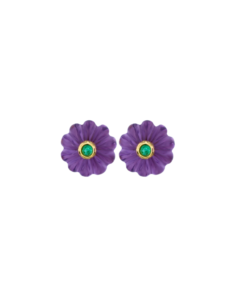 Par de Brincos Poppy Amethyst da Coleção Flora em ouro 18K com ametistas da Leitão & Irmão, inspirado nas formas orgânicas da natureza.