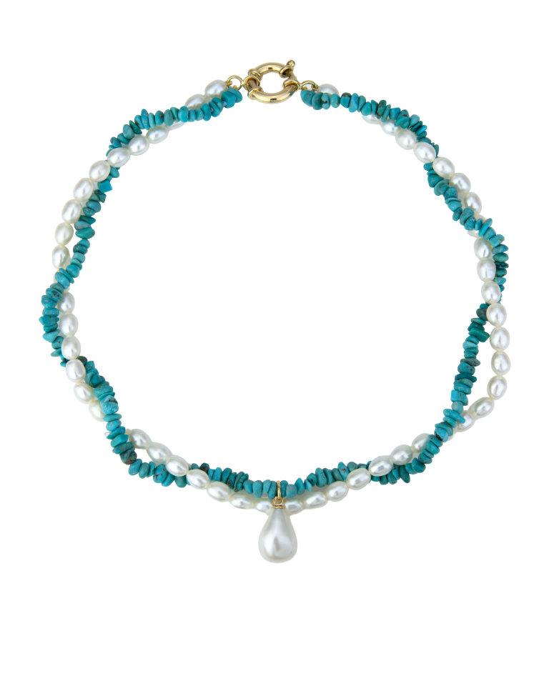 Colar Glória em ouro com pérolas, pérola barroca e turquesas da coleção Drop of Life da Leitão & Irmão